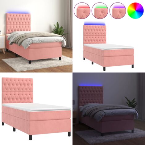 Cama box spring colchón y LED terciopelo rosa 90x200 cm - Colchón LED - Terciopelo rosa
