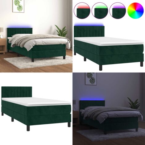 Cama box spring colchón y LED terciopelo verde oscuro 100x200cm - Colchón LED - Terciopelo verde oscuro