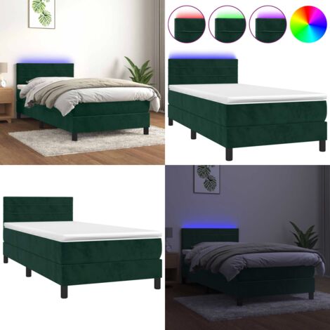 Cama box spring colchón y LED terciopelo verde oscuro 100x200cm - Colchón LED - Terciopelo verde oscuro