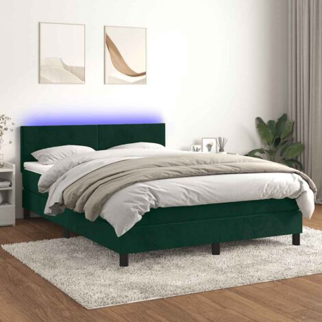 Cama box spring colchón y LED terciopelo verde oscuro 140x200cm