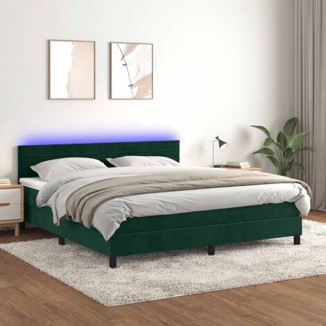 Cama box spring colchón y LED terciopelo verde oscuro 160x200cm