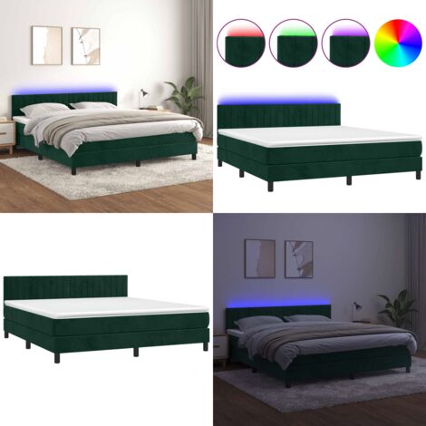 Cama box spring colchón y LED terciopelo verde oscuro 160x200cm - Colchón LED - Terciopelo verde oscuro