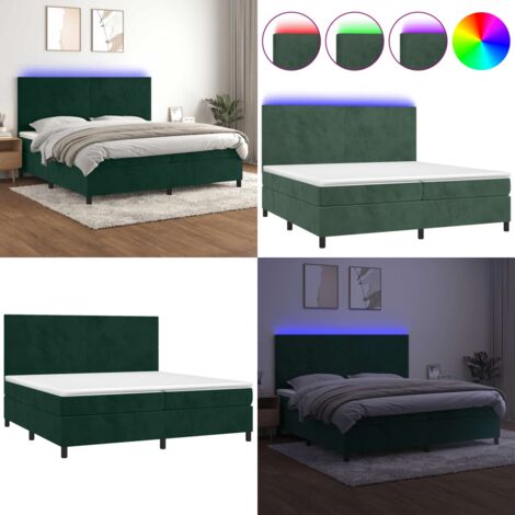 Cama box spring colchón y LED terciopelo verde oscuro 200x200cm - Colchón con LED - Cama box spring