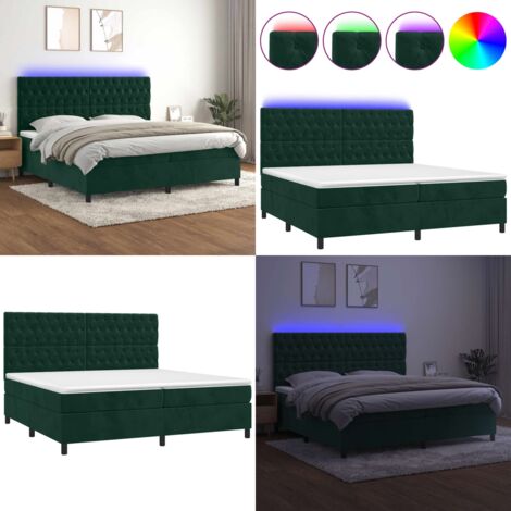 Cama box spring colchón y LED terciopelo verde oscuro 200x200cm - Colchón con LED - Cama box spring