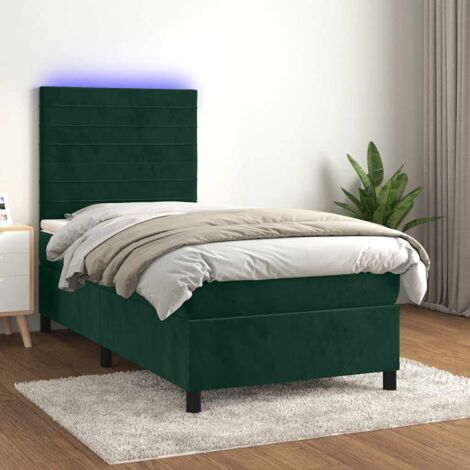 Cama box spring colchón y LED terciopelo verde oscuro 80x200 cm