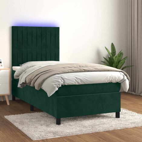Cama box spring colchón y LED terciopelo verde oscuro 80x200 cm