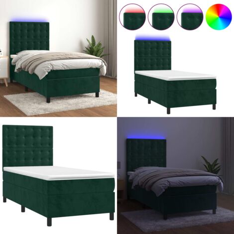 Cama box spring colchón y LED terciopelo verde oscuro 80x200 cm - Colchón con luz LED - Cama box spring