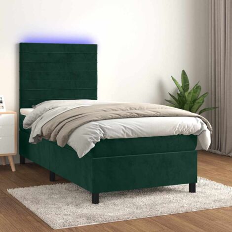 Cama box spring colchón y LED terciopelo verde oscuro 90x190 cm