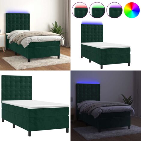 Cama box spring colchón y LED terciopelo verde oscuro 90x200 cm - Cama box spring - Colchón con luz LED