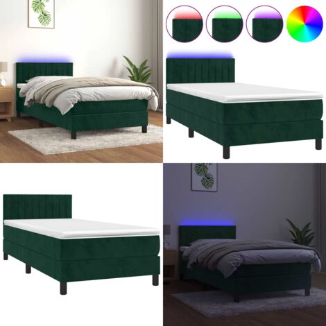 Cama box spring colchón y LED terciopelo verde oscuro 90x200 cm - Colchón con LED - Cama box spring