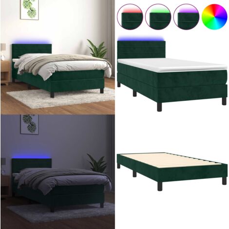 Cama box spring colchón y LED terciopelo verde oscuro 90x200 cm - Colchón con LED - Cama box spring