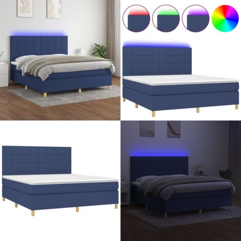 Cama box spring colchón y luces LED tela azul 180x200 cm - Cama con cabecero ajustable - Colchón con luz LED