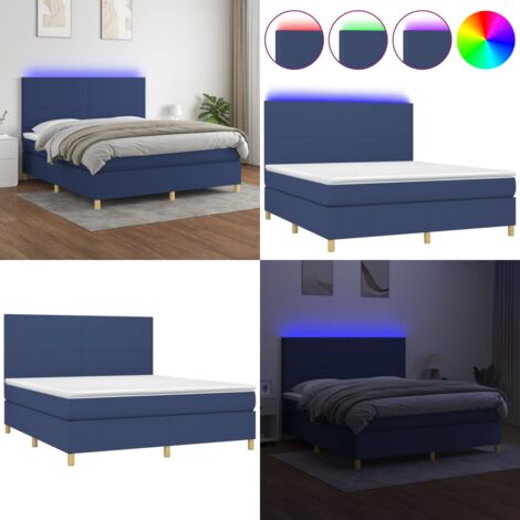 Cama box spring colchón y luces LED tela azul 180x200 cm - Cama con cabecero ajustable - Colchón con luz LED