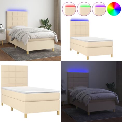 Cama box spring colchón y luces LED tela color crema 90x190 cm - Cama con cabecero ajustable - Colchón con luz LED