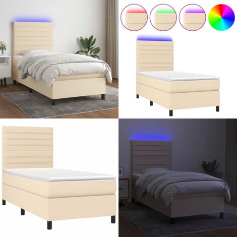 Cama box spring colchón y luces LED tela color crema 90x190 cm - Cama con cabecero ajustable - Colchón con luz LED
