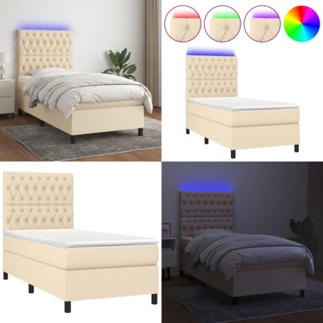 Cama box spring colchón y luces LED tela color crema 90x190 cm - Cama con cabecero ajustable - Colchón con luz LED