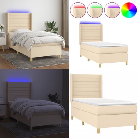 Cama box spring colchón y luces LED tela color crema 90x190 cm - Colchón con luces LED - Cama con luz LED