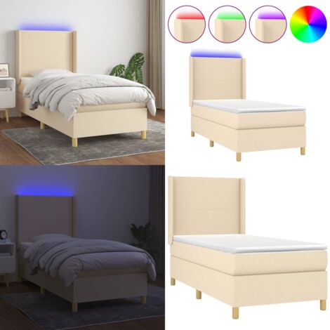 Cama box spring colchón y luces LED tela crema 100x200 cm - Colchón con luces LED - Cama con luz LED