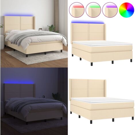 Cama box spring colchón y luces LED tela crema 140x190 cm - Colchón con luces LED - Cama con cabecero ajustable