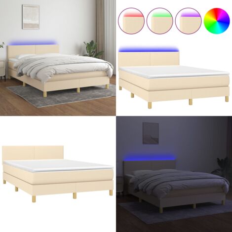 Cama box spring colchón y luces LED tela crema 140x190 cm - Colchón con luz LED - Cama con cabecero ajustable