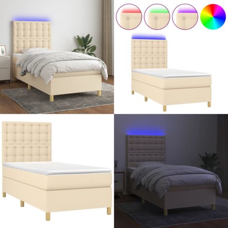 Cama box spring colchón y luces LED tela crema 80x200 cm - Cama box spring - Colchón con luz LED