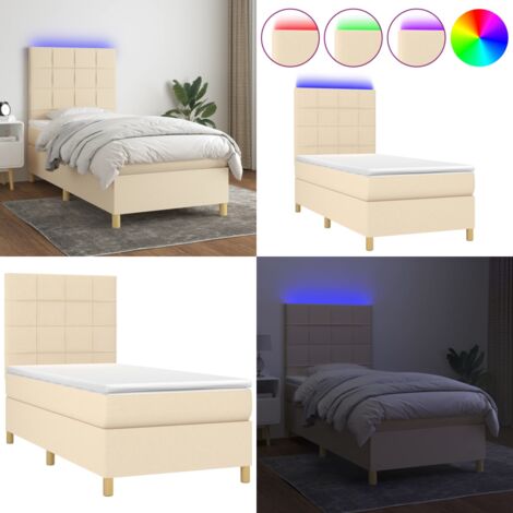 Cama box spring colchón y luces LED tela crema 80x200 cm - Cama box spring - Colchón con luz LED