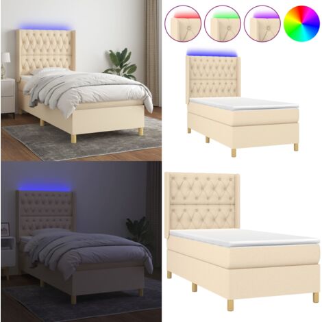 Cama box spring colchón y luces LED tela crema 80x200 cm - Cama con cabecero ajustable - Colchón con luz LED