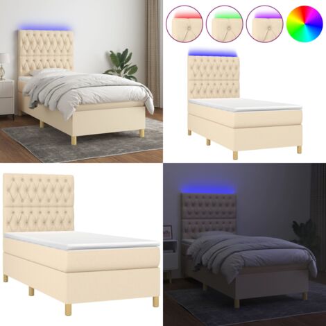 Cama box spring colchón y luces LED tela crema 90x200 cm - Cama con cabecero ajustable - Colchón con muelles ensacados