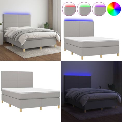 Cama box spring colchón y luces LED tela gris claro 140x190 cm - Cama box spring - Colchón con luz LED