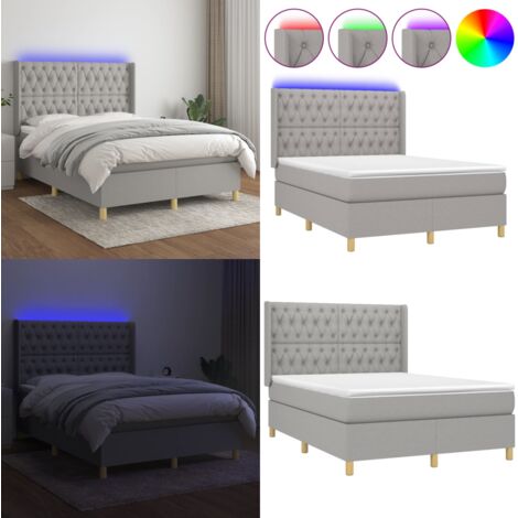 Cama box spring colchón y luces LED tela gris claro 140x190 cm - Colchón con luz LED - Cama con cabecero ajustable