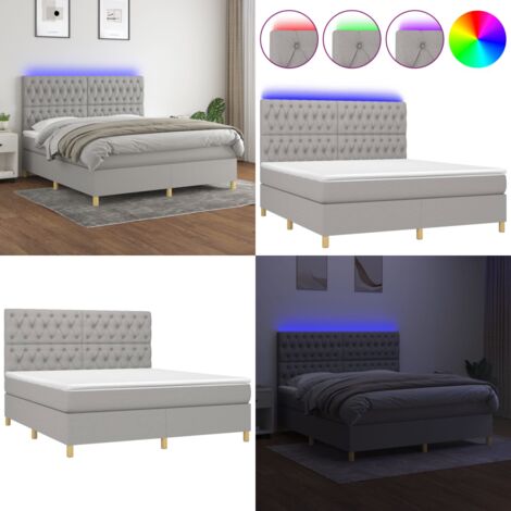 Cama box spring colchón y luces LED tela gris claro 160x200 cm - Cama con cabecero ajustable - Colchón con luz LED