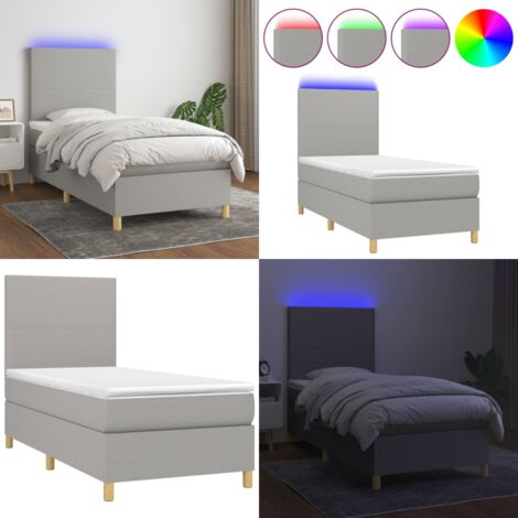 Cama box spring colchón y luces LED tela gris claro 80x200 cm - Colchón con luz LED - Cama con luz