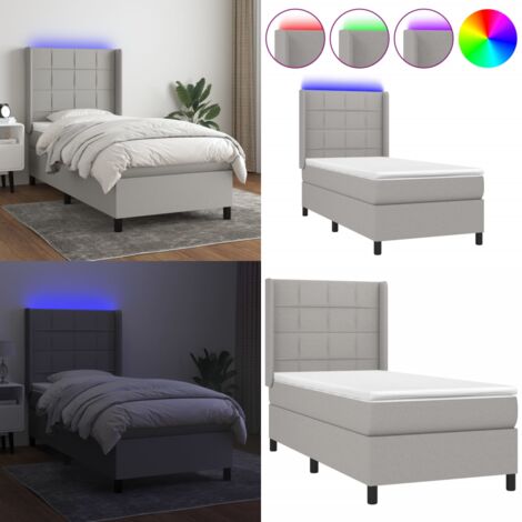 Cama box spring colchón y luces LED tela gris claro 90x190 cm - Colchón con luces LED - Cama con cabecero ajustable
