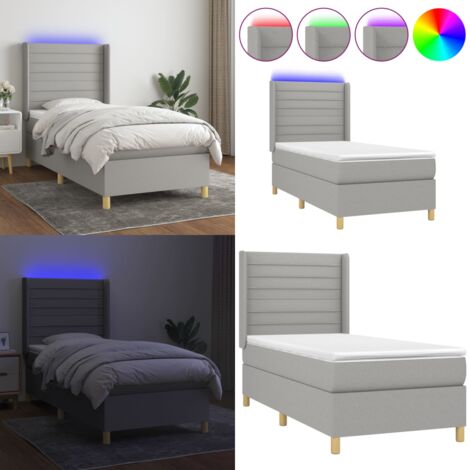 Cama box spring colchón y luces LED tela gris claro 90x190 cm - Colchón con luces LED - Cama con luz LED