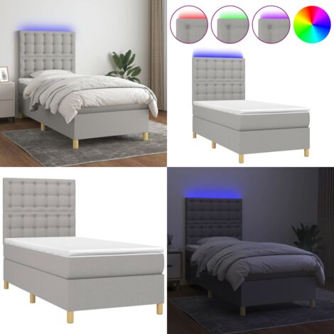 Cama box spring colchón y luces LED tela gris claro 90x200 cm - Cama box spring - Colchón con luz LED