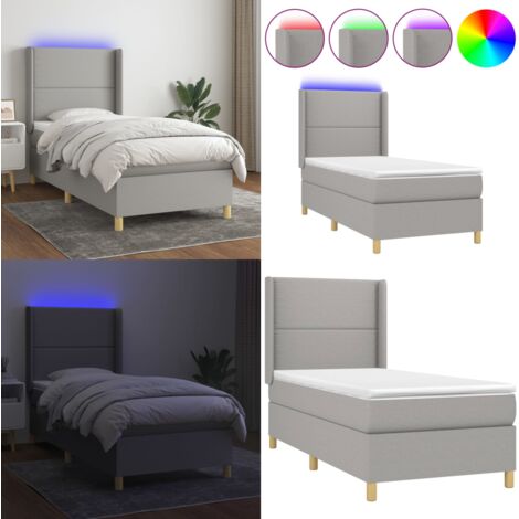 Cama box spring colchón y luces LED tela gris claro 90x200 cm - Colchón con luces LED - Cama con luz LED
