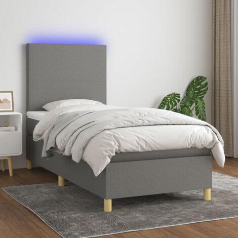 Cama box spring colchón y luces LED tela gris oscuro 100x200 cm