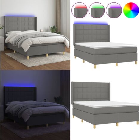 Cama box spring colchón y luces LED tela gris oscuro 140x200 cm - Colchón con luces LED - Cama con luz