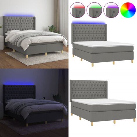 Cama box spring colchón y luces LED tela gris oscuro 140x200 cm - Colchón con luz LED - Cama box spring