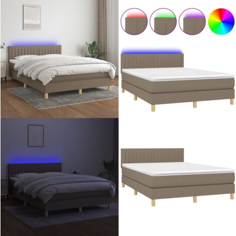 Cama box spring colchón y luces LED tela gris taupe 140x190 cm - Colchón LED - Cama con luces