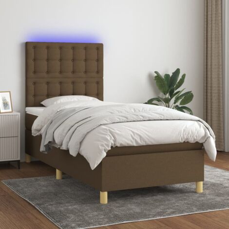 Cama box spring colchón y luces LED tela marrón oscuro 90x200cm