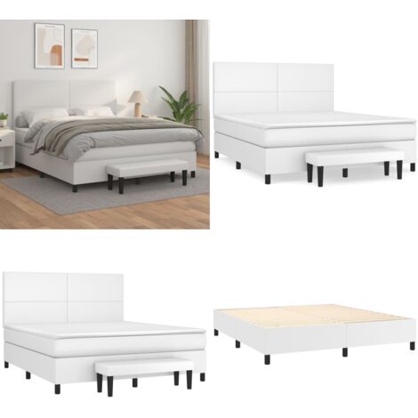 Cama box spring con colchón cuero sintético blanco 180x200 cm - Colchón de muelles - Cama con cabecero ajustable
