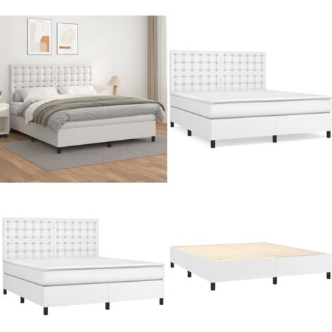 Cama box spring con colchón cuero sintético blanco 180x200 cm - Colchón de muelles - Cama con cabecero ajustable