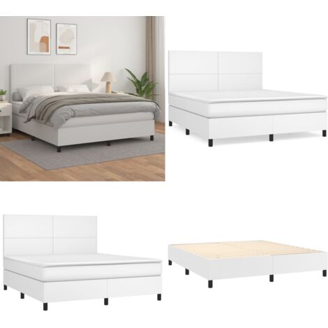 Cama box spring con colchón cuero sintético blanco 180x200 cm - Colchón de muelles - Cama con cabecero ajustable