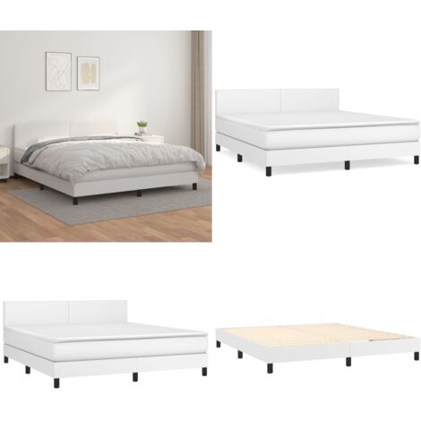 Cama box spring con colchón cuero sintético blanco 180x200 cm - Colchón de muelles - Cama con cabecero ajustable