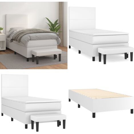 Cama box spring con colchón cuero sintético blanco 90x190 cm - Colchón de muelles - Cama con cabecero ajustable