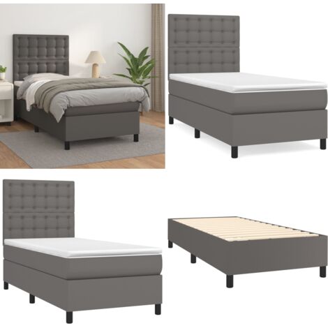 Cama box spring con colchón cuero sintético gris 90x200 cm - Colchón de muelles - Cama con cabecero ajustable