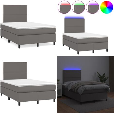 Cama box spring con colchón LED cuero sintético gris 120x190 cm - Cama box spring - Colchón con luz LED