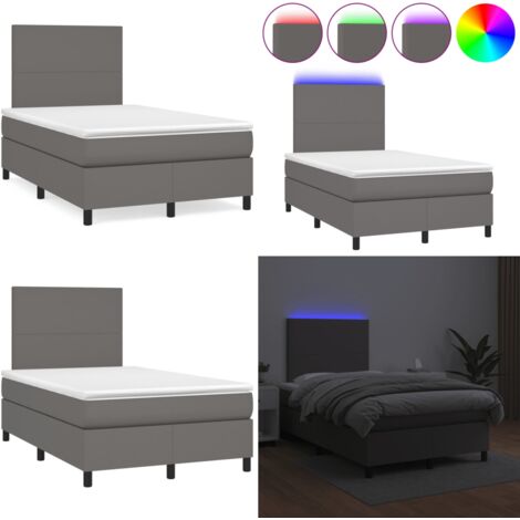 Cama box spring con colchón LED cuero sintético gris 120x190 cm - Cama box spring - Colchón con luz LED