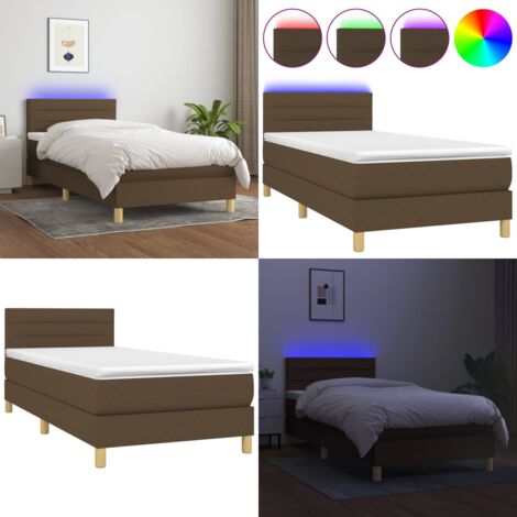 Cama box spring con colchón LED tela marrón oscuro 100x200 cm - Cama box spring - Colchón LED